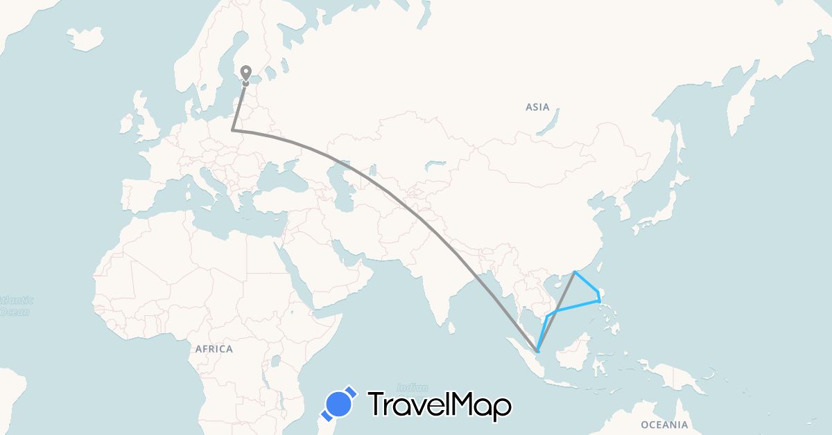 TravelMap itinerary: driving, plane, boat in China, Estonia, Indonesia, Philippines, Poland, Singapore, Vietnam (Asia, Europe)