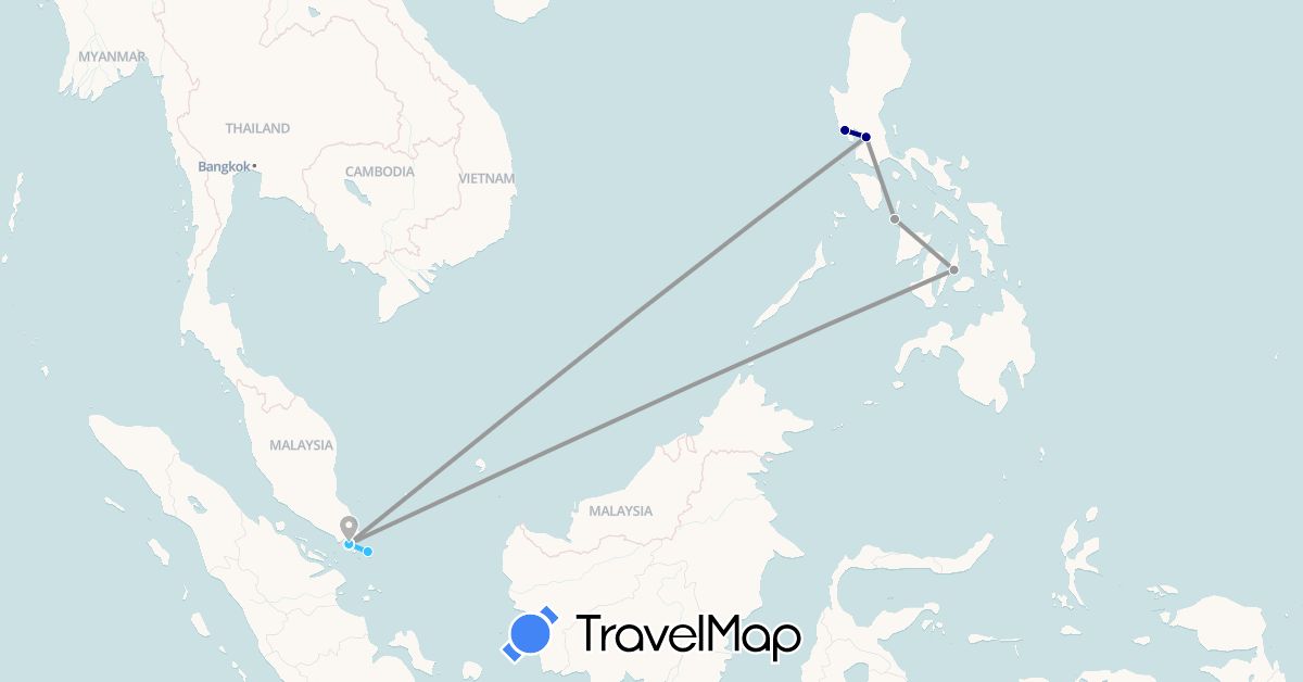 TravelMap itinerary: driving, plane, boat in Indonesia, Philippines, Singapore (Asia)